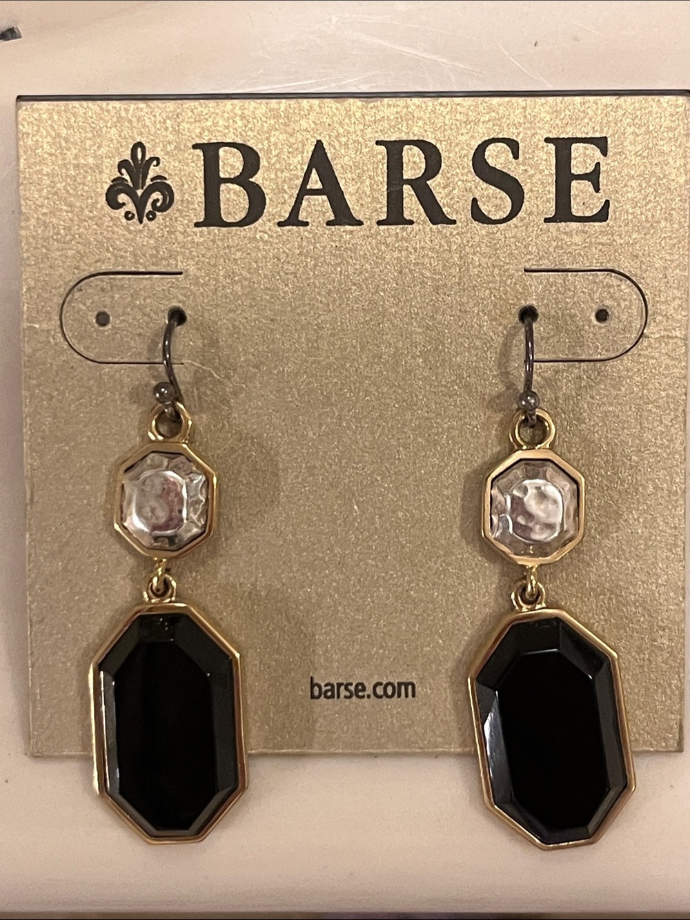 BARSE Gold Tone Black Onyx & Clear Crystal Geometric Dangle Drop Earrings NWT